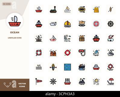 Una raccolta pulita di 36 icone vettoriali LineFilled che rappresentano Ocean, progettate in formato da 128x128 PIXEL perfetto per dashboard e interfacce moderne. Illustrazione Vettoriale