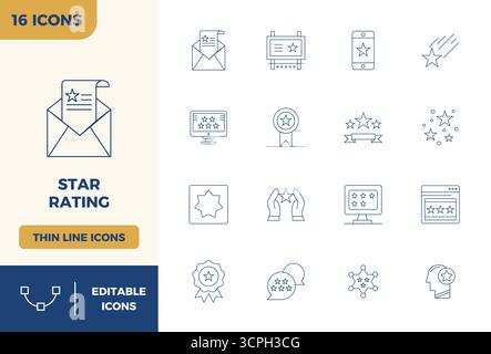 Una raccolta pulita di 16 icone vettoriali Minimal Line che rappresentano la valutazione a stelle, progettate in formato 128x128 PIXEL perfetto per dashboard e interf moderni Illustrazione Vettoriale