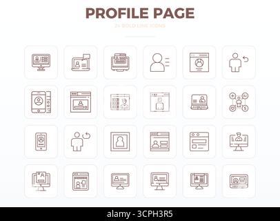 Set semplificato di 24 icone vettoriali per la pagina profilo con un'estetica dal profilo forte, con risoluzione perfetta di 128x128 PIXEL per un'esperienza utente senza interruzioni Illustrazione Vettoriale
