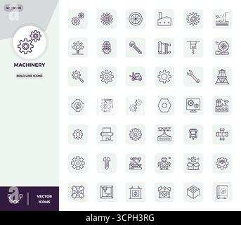 Un set versatile di 42 icone vettoriali Bold Line PIXEL Perfect incentrate sulle macchine, in formato 128x128 nitido, ideale per applicazioni mobili e Web Illustrazione Vettoriale