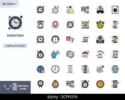 Raccolta ad alte prestazioni di 36 icone vettoriali Flat Lineal Color per la durata, progettata con risoluzione perfetta di 128x128 PIXEL per un'interazione ottimale tra gli utenti Illustrazione Vettoriale