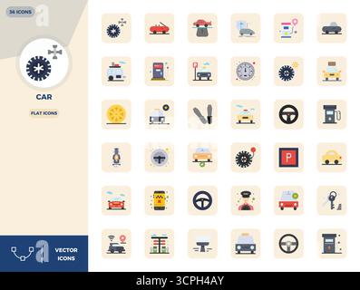 Collezione professionale di 36 icone vettoriali piatte che rappresentano l'auto, realizzate con 128 x 128 PIXEL, precisione perfetta per le applicazioni aziendali. Illustrazione Vettoriale