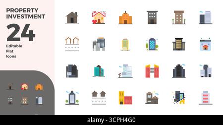 Kit di strumenti completo di 24 icone vettoriali incentrate sugli investimenti immobiliari, sviluppato in Flat con 128x128 PIXEL precisione perfetta per un design versatile Illustrazione Vettoriale