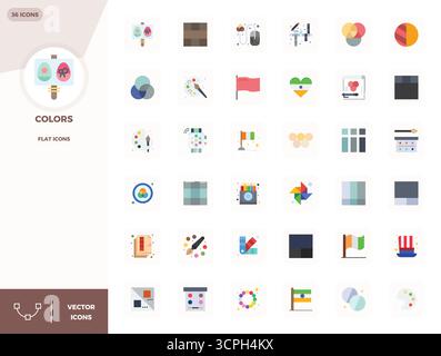 Eccezionale raccolta di 36 icone vettoriali piatte per colori, disponibili in 128 x 128 PIXEL risoluzione perfetta per un'eccellenza visiva e un utilizzo senza precedenti Illustrazione Vettoriale