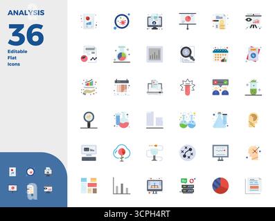Raccolta avanzata di icone vettoriali perfette da 36 PIXEL ispirate all'analisi, realizzate in Flat con ottimizzazione 128x128 per prestazioni visive superiori. Illustrazione Vettoriale