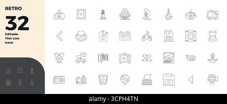 Icone vettoriali perfette da 32 PIXEL a linea sottile per retro, create con una risoluzione 128x128 per una straordinaria coerenza visiva su tutte le piattaforme Illustrazione Vettoriale