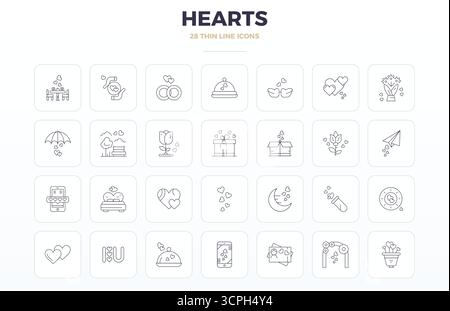 Esplora 28 icone vettoriali PIXEL Perfect con profilo sottile e risoluzione 128x128 ispirate a Hearts. Perfetto per interfacce Web e app. Illustrazione Vettoriale