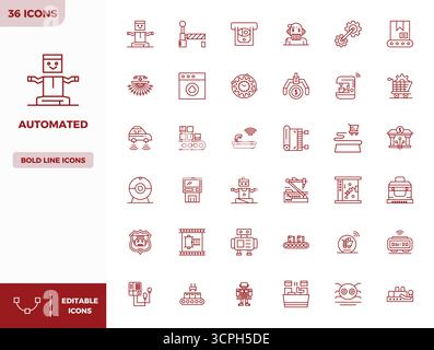 Confezione esclusiva di icone vettoriali da 36 PIXEL ispirate ad Automated, realizzate in formato Heavy Line da 128 x 128 per esperienze memorabili del marchio. Illustrazione Vettoriale