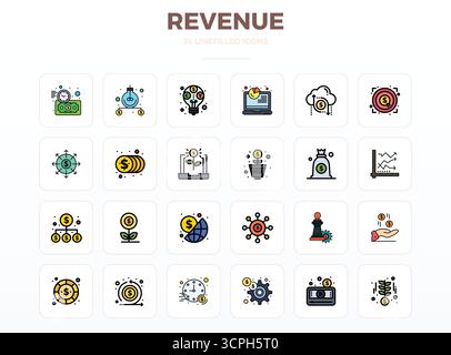 Kit di strumenti completo di 24 icone vettoriali incentrate sul fatturato, sviluppato in LineFill con una precisione perfetta di 128x128 PIXEL per un design versatile Illustrazione Vettoriale