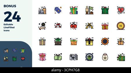 Questo set di 24 icone vettoriali Duotone cattura temi bonus con una qualità perfetta di 128x128 PIXEL, perfetta per applicazioni tecnologiche e aziendali. Illustrazione Vettoriale