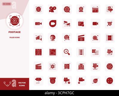 Raccolta ad alte prestazioni di 36 icone vettoriali piene per riprese, progettata con risoluzione perfetta da 128 x 128 PIXEL per un design ottimale dell'interfaccia utente. Illustrazione Vettoriale