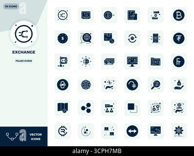 Collezione contemporanea di 36 icone vettoriali che rappresentano Exchange in un'estetica piena, con risoluzione perfetta di 128x128 PIXEL per applicazioni moderne Illustrazione Vettoriale