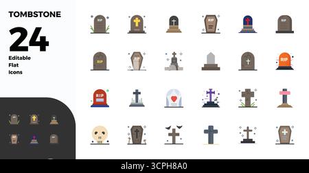 Raccolta di 24 icone vettoriali che rappresentano Tombstone in un'estetica piatta, ottimizzata con risoluzione perfetta di 128x128 PIXEL per il massimo impatto. Illustrazione Vettoriale