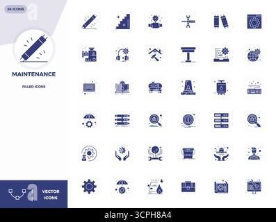 Un set dinamico di 36 icone vettoriali riempite, personalizzate per la manutenzione con una qualità perfetta di 128x128 PIXEL, adatta per i prodotti digitali. Illustrazione Vettoriale