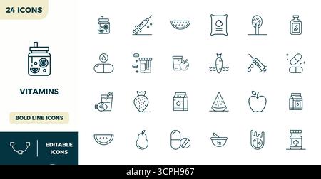 Confezione curata di 24 icone vettoriali 128 x 128 con design Heavy Line, incentrate sui concetti delle vitamine con una nitidezza perfetta IN PIXEL. Illustrazione Vettoriale