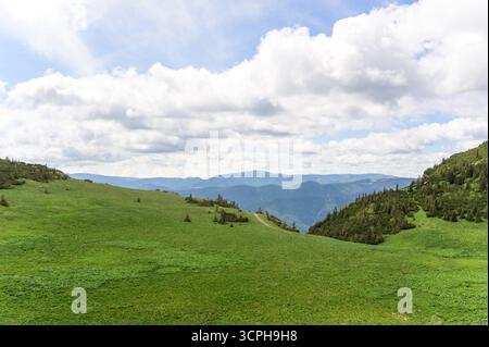 Una vista panoramica dalle montagne di Rax mostra colline verdi ondulate sotto un cielo blu luminoso punteggiato da soffici nuvole; il vibrante paesaggio erboso Foto Stock