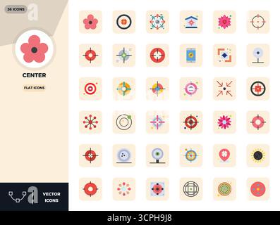 Confezione esclusiva di icone vettoriali perfette da 36 PIXEL ispirate a Center, realizzate in formato piatto 128x128 per esperienze memorabili del marchio. Illustrazione Vettoriale