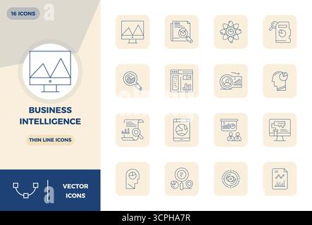 Esplora 16 icone vettoriali PIXEL Perfect con risoluzione 128x128 ispirate alla Business Intelligence. Perfetto per interfacce Web e app. Illustrazione Vettoriale