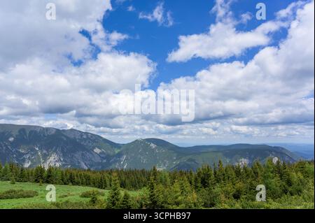 Questo splendido paesaggio cattura le maestose montagne di Rax in Austria, con colline verdi ondulate sotto un vivace cielo blu adornato da soffici whi Foto Stock