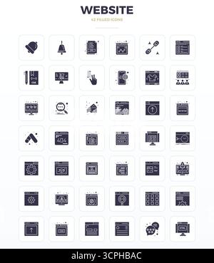 Icone vettoriali perfette da 42 PIXEL progettate in modo intelligente ispirate al sito Web, create in formato SolidFill a 128x128 per un lavoro di progettazione intelligente ed efficiente Illustrazione Vettoriale