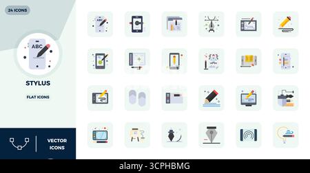Sbloccare 24 icone vettoriali Flat PIXEL Perfect ispirate a Stylus, ottimizzate in formato 128x128 per una visualizzazione impeccabile su tutti i dispositivi. Illustrazione Vettoriale