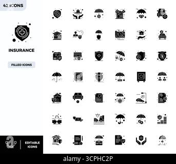 42 icone vettoriali piene accuratamente curate per il settore assicurativo, con risoluzione perfetta di 128 x 128 PIXEL per una rappresentazione coerente del marchio e competenze dell'utente Illustrazione Vettoriale