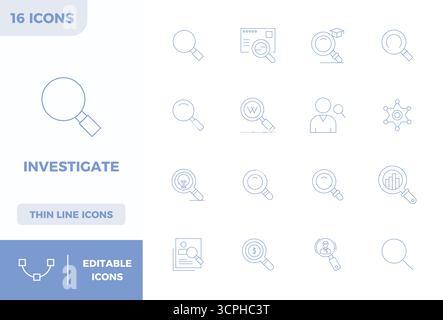 Set semplificato di 16 icone vettoriali per un'analisi estetica minimale, con risoluzione perfetta da 128 x 128 PIXEL per un'esperienza utente senza interruzioni Illustrazione Vettoriale