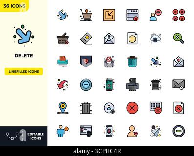 Una raccolta pulita di 36 icone vettoriali Flat Lineal Color che rappresentano Elimina, progettate in formato 128x128 PIXEL perfetto per dashboard e interf moderni Illustrazione Vettoriale
