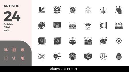 Icone vettoriali a 24 glifi curate con cura per Artistic, con risoluzione perfetta di 128x128 PIXEL per una rappresentazione coerente del marchio e dell'utente Illustrazione Vettoriale