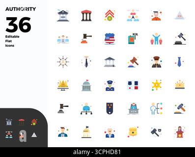 Eccezionale raccolta di 36 icone vettoriali piatte per Authority, fornite in risoluzione perfetta da 128 x 128 PIXEL per un'eccellenza visiva senza precedenti e negli stati uniti Illustrazione Vettoriale