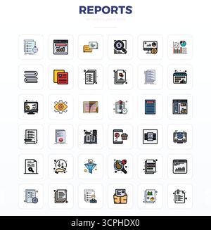 Pacchetto strategico con 36 icone vettoriali che rappresentano i report in formato LineFill, ottimizzato con 128 x 128 PIXEL, qualità perfetta per il lavoro professionale Illustrazione Vettoriale