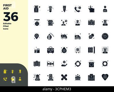 Trasforma i tuoi progetti con le icone vettoriali riempite di glifo a 36° ispirate al primo soccorso, progettate con risoluzione perfetta da 128x128 PIXEL per la massima chiarezza. Illustrazione Vettoriale