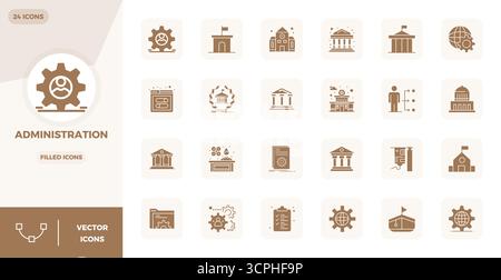 Scopri un set di 24 icone vettoriali piene create per il tema Amministrazione, con design perfetti da 128x128 PIXEL, ideali per i moderni progetti UI/UX Illustrazione Vettoriale