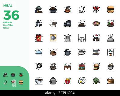 Raccolta di 36 icone vettoriali Duotone PIXEL Perfect per pasto, progettate in formato 128x128 per chiarezza e versatilità. Illustrazione Vettoriale