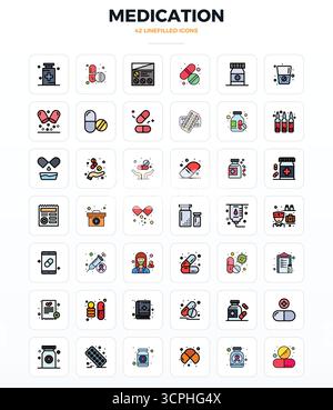 Un set dinamico di 42 icone vettoriali in LineFill, personalizzato per i farmaci con 128 x 128 PIXEL, qualità perfetta per i prodotti digitali. Illustrazione Vettoriale