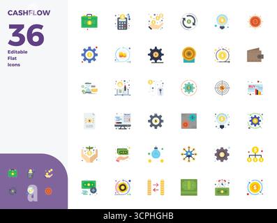 Collezione professionale di 36 icone vettoriali piatte che rappresentano il flusso di cassa, realizzate con 128 x 128 PIXEL, precisione perfetta per le applicazioni aziendali. Illustrazione Vettoriale