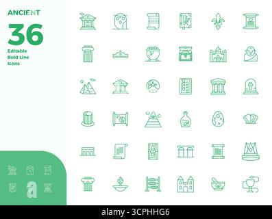 Collezione esclusiva di 36 icone vettoriali Bold Line per Ancient, sviluppata con risoluzione perfetta da 128x128 PIXEL per esperienze di marca di livello premium. Illustrazione Vettoriale