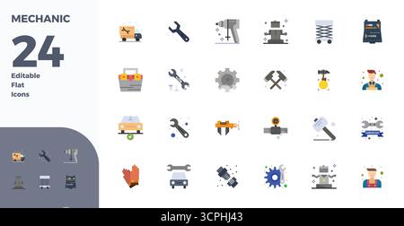 Set di 24 icone vettoriali Flat PIXEL Perfect ispirate a Mechanic, realizzate con risoluzione 128x128 per una perfetta integrazione in app e siti Web. Illustrazione Vettoriale
