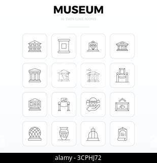 16 icone vettoriali Thin Outline ideate meticolosamente per il museo, fornite in 128x128 PIXEL DI qualità perfetta per standard di progettazione senza compromessi. Illustrazione Vettoriale