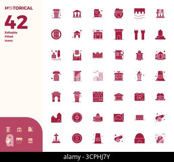 Una raccolta pulita di 42 icone vettoriali riempite di glifo che rappresentano Historical, progettate in formato 128x128 PIXEL perfetto per dashboard moderni e interfa Illustrazione Vettoriale