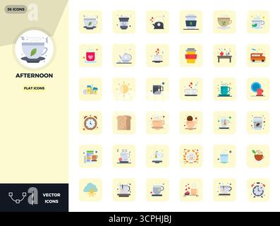Raccolta avanzata di icone vettoriali perfette da 36 PIXEL ispirate al pomeriggio, realizzate in Flat con ottimizzazione 128x128 per prestazioni visive superiori. Illustrazione Vettoriale
