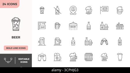 Confezione vettoriale con 24 icone PIXEL Perfect Heavy Line ispirate alla birra, in risoluzione 128x128, ideale per lavori di progettazione scalabili e creativi. Illustrazione Vettoriale