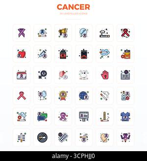 Un set versatile di 36 icone vettoriali LineFill PIXEL perfette incentrate sul cancro, in formato nitido 128x128, ideale per applicazioni mobili e Web. Illustrazione Vettoriale
