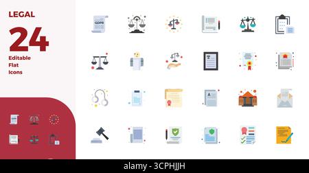 Icone vettoriali perfette da 24 PIXEL progettate in modo intelligente ispirate al formato Legal, create in formato Flat da 128x128 per flussi di lavoro di progettazione intelligenti ed efficienti. Illustrazione Vettoriale