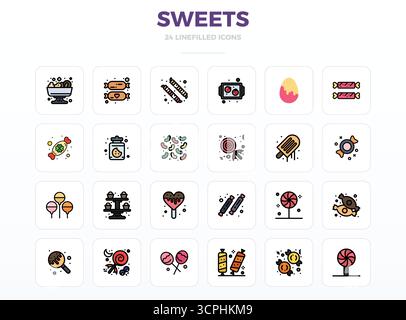 Pacchetto essenziale di icone vettoriali perfette da 24 PIXEL per dolci in formato LineFill, dimensioni 128x128 per prestazioni e scalabilità ottimali. Illustrazione Vettoriale