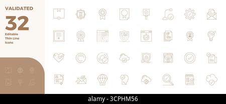 Pacchetto all'avanguardia con icone vettoriali perfette da 32 PIXEL ispirate a Validated, creato in formato Thin Line a 128x128 per la prossima generazione di Illustrazione Vettoriale