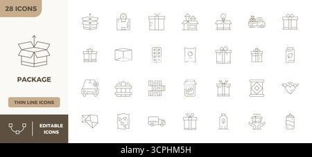 Un set dinamico di 28 icone vettoriali in Minimal Line, personalizzato per il pacchetto con 128x128 PIXEL DI qualità perfetta, adatto per i prodotti digitali. Illustrazione Vettoriale