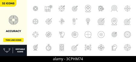 Collezione professionale di 32 icone vettoriali Minimal Line che rappresentano la precisione, realizzata con 128x128 PIXEL precisione perfetta per applicazioni aziendali Illustrazione Vettoriale