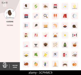 Confezione curata di 42 icone vettoriali 128 x 128 con design piatto, incentrate sui concetti della cucina con una nitidezza perfetta DEI PIXEL. Illustrazione Vettoriale
