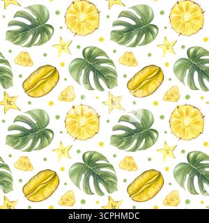 Ananas, stelle marine, foglie di monstera e succose gocce dipinte a mano con motivo ad acquerello senza cuciture su sfondo isolato. Frutti tropicali e fogliame Foto Stock